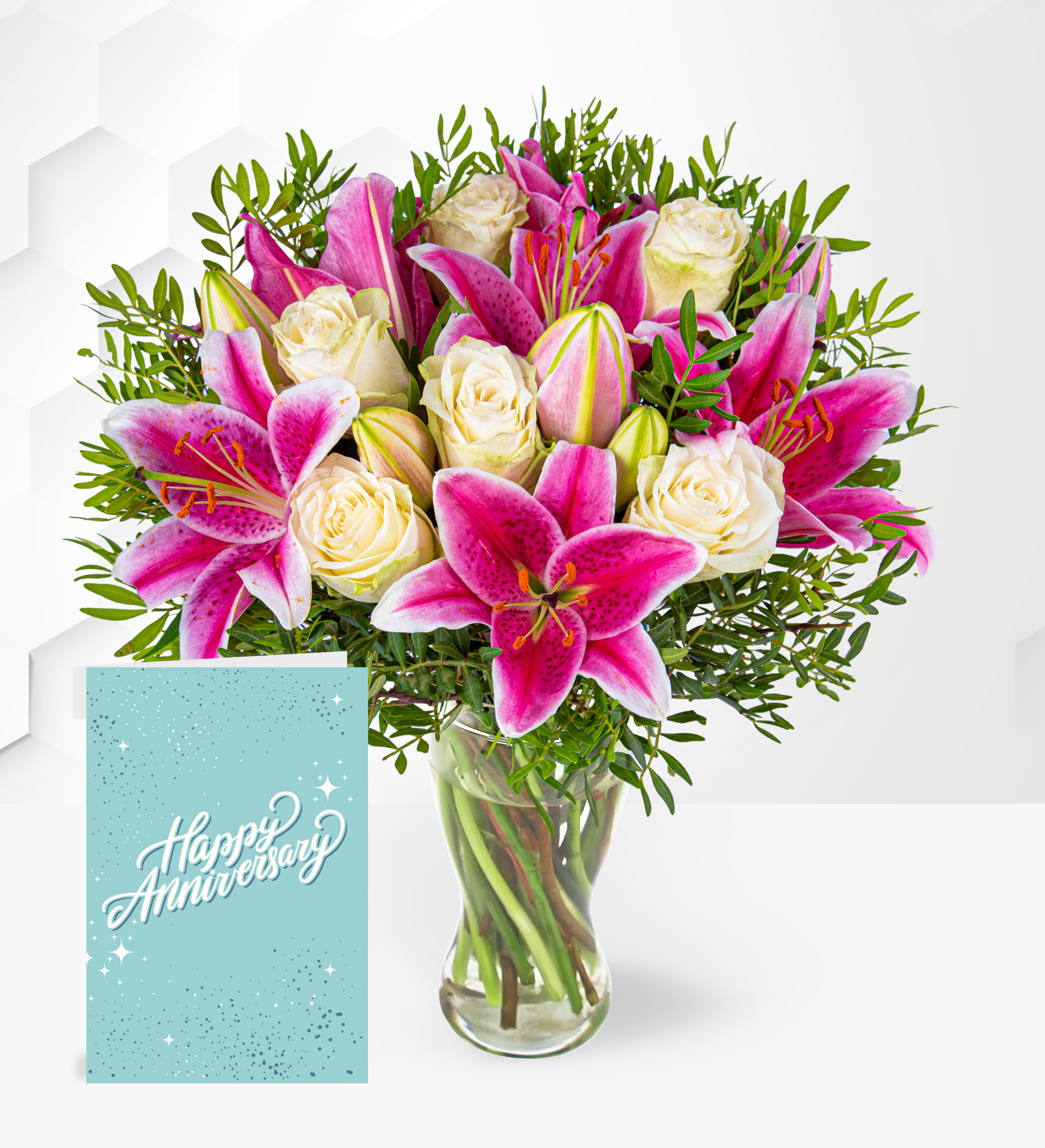 Pink Lilies & Roses with Anniversary Card | Prestige Flowers